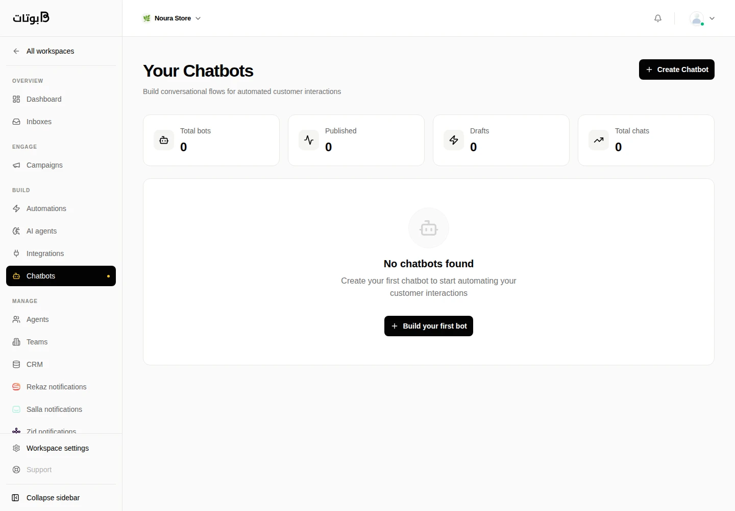 Chatbot builder — Botat workspace with sample data
